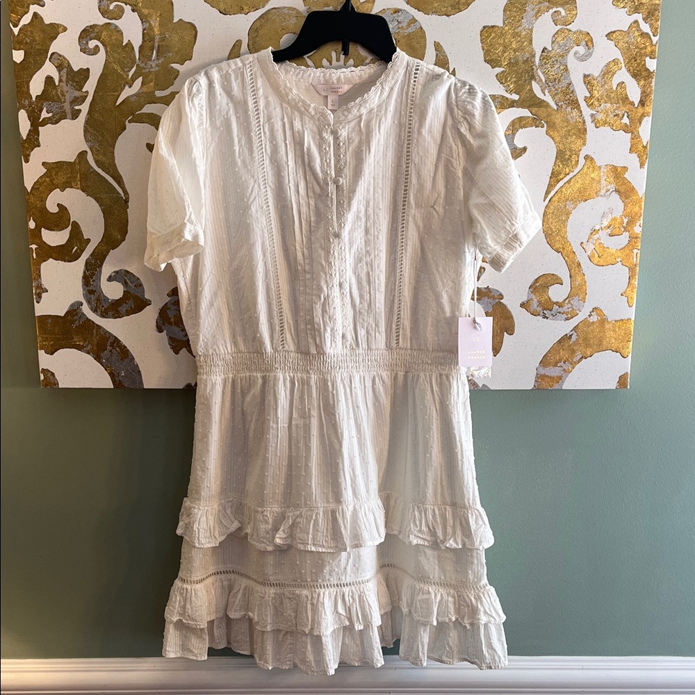 LC Lauren Conrad Size Large Ivory Swiss Dot Tiered Ruffle Mini Dress